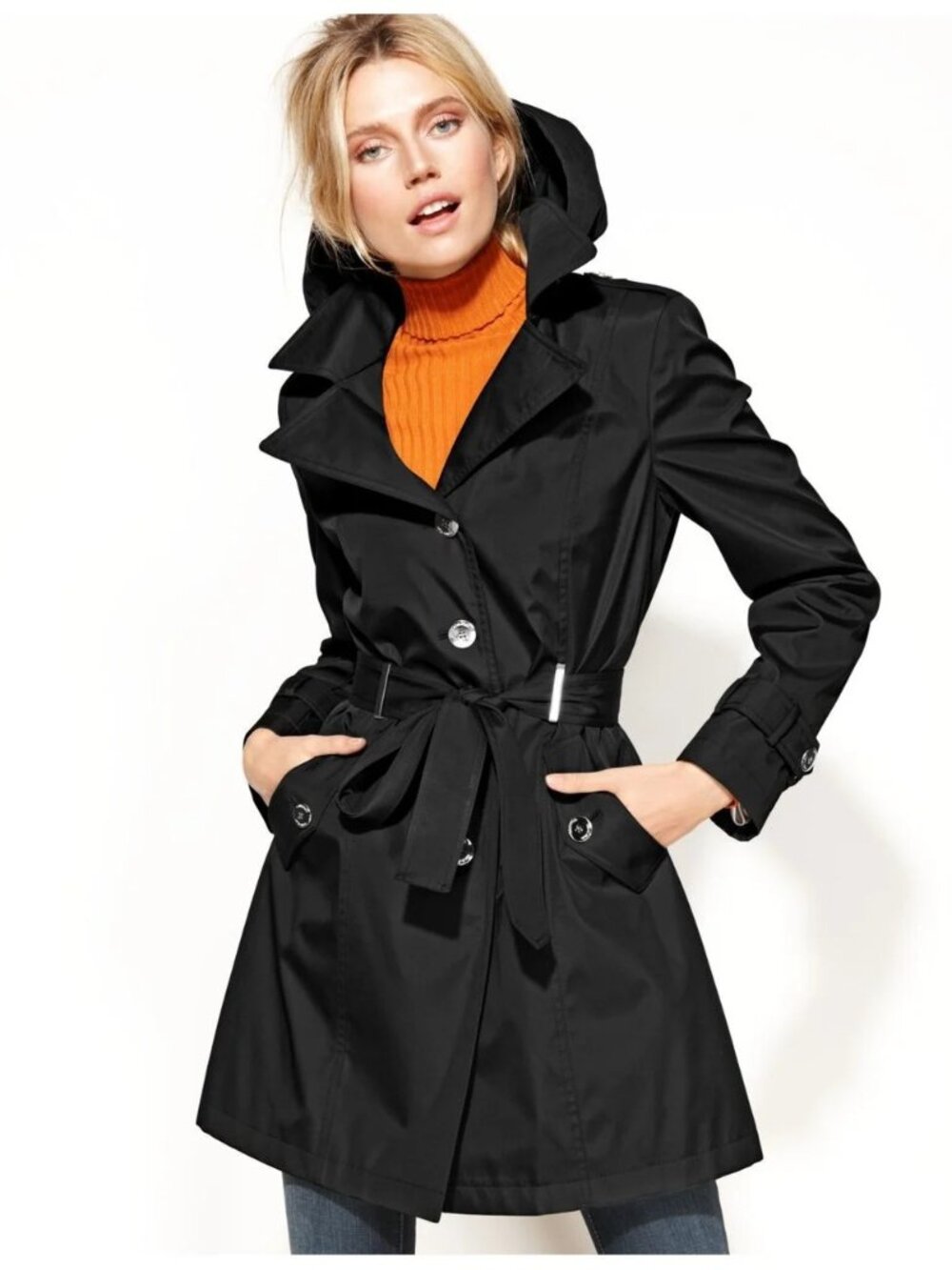 Calvin Klein Black Hooded Raincoat,  SIlver Satin Lining, Size Small NWOT